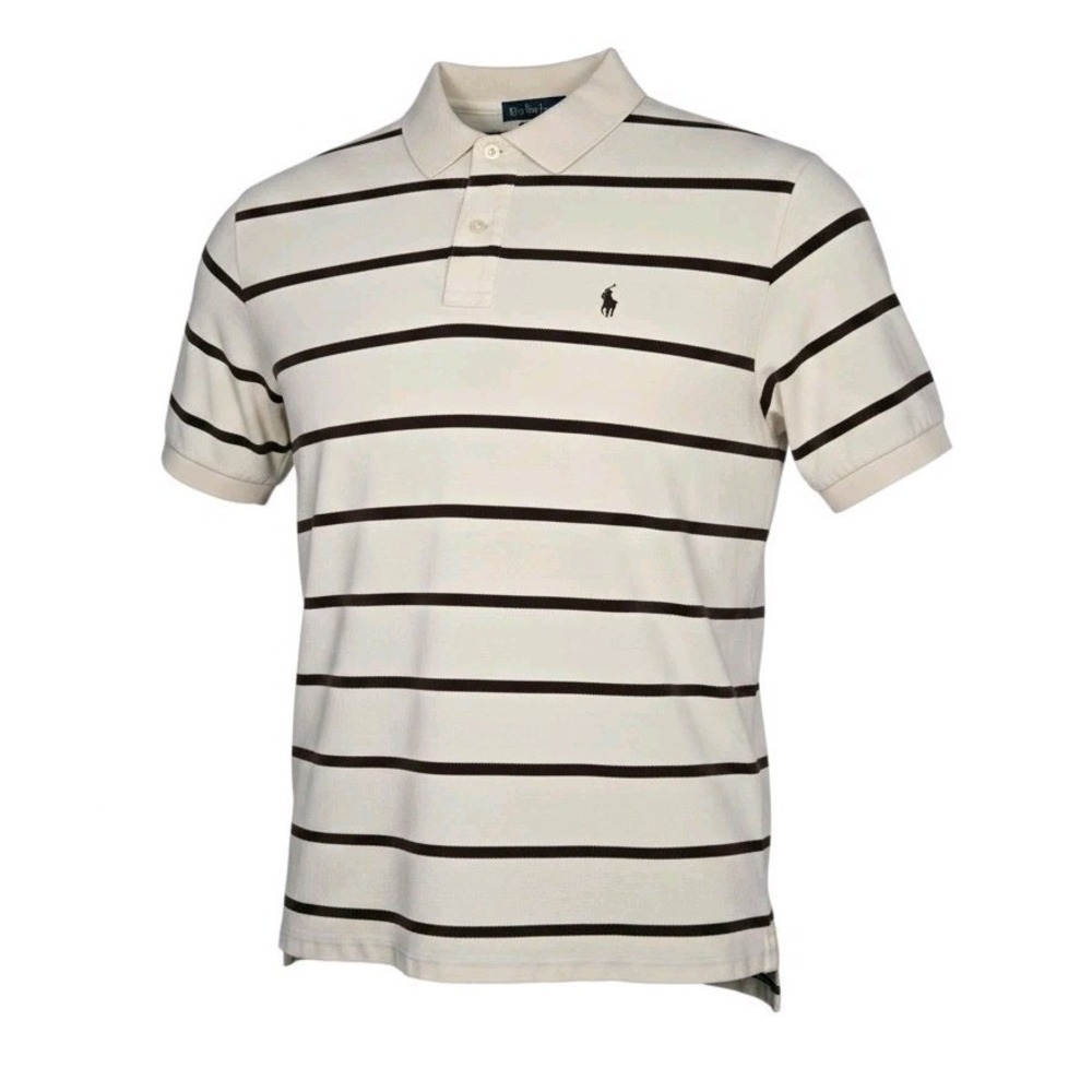Polo Ralph Lauren Mens XL Striped Polo Shirt Cream Brown Pony Logo Classic Fit